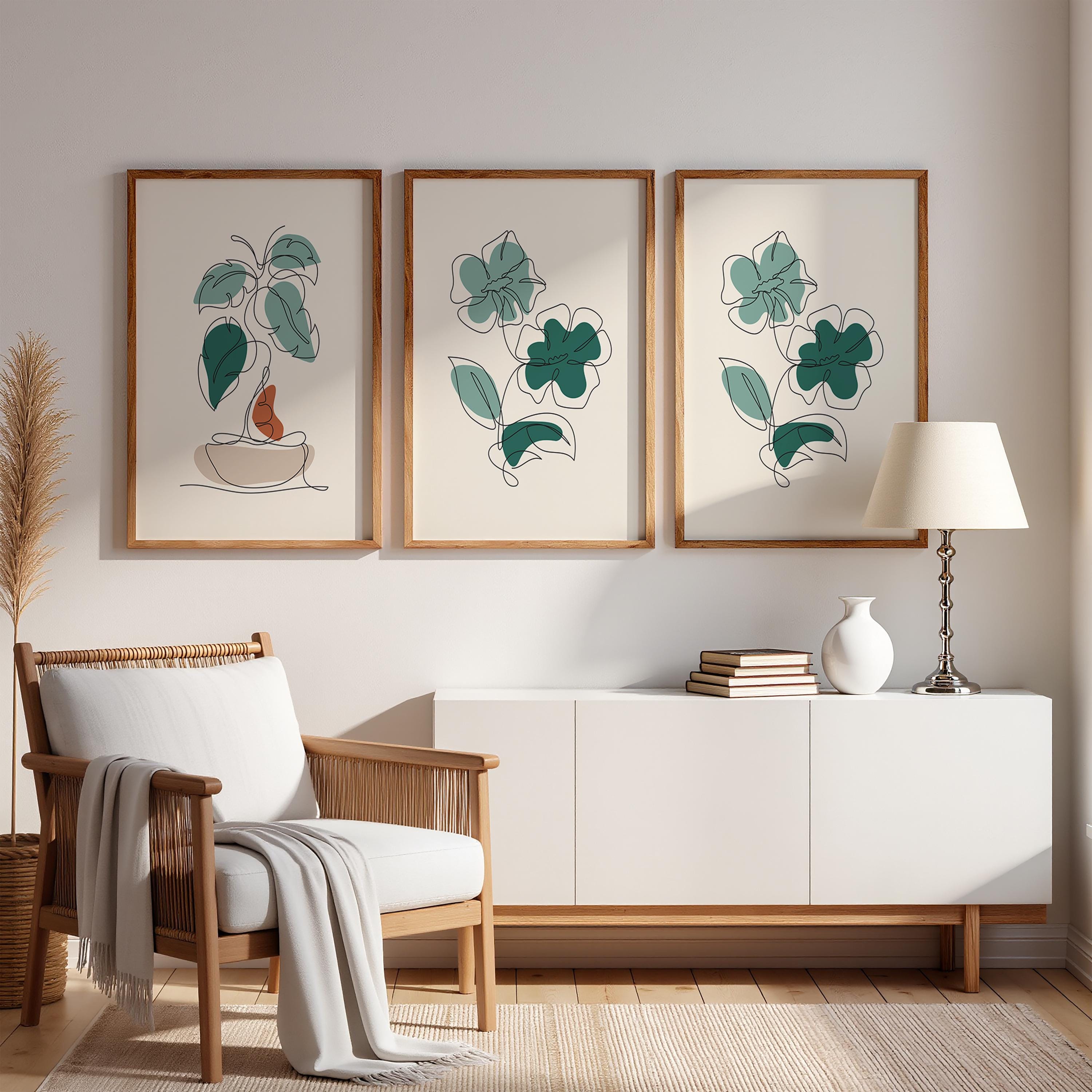 Abstract Botanical Line Art Set of 3, Neutral Green Wall Art, Minimal ...