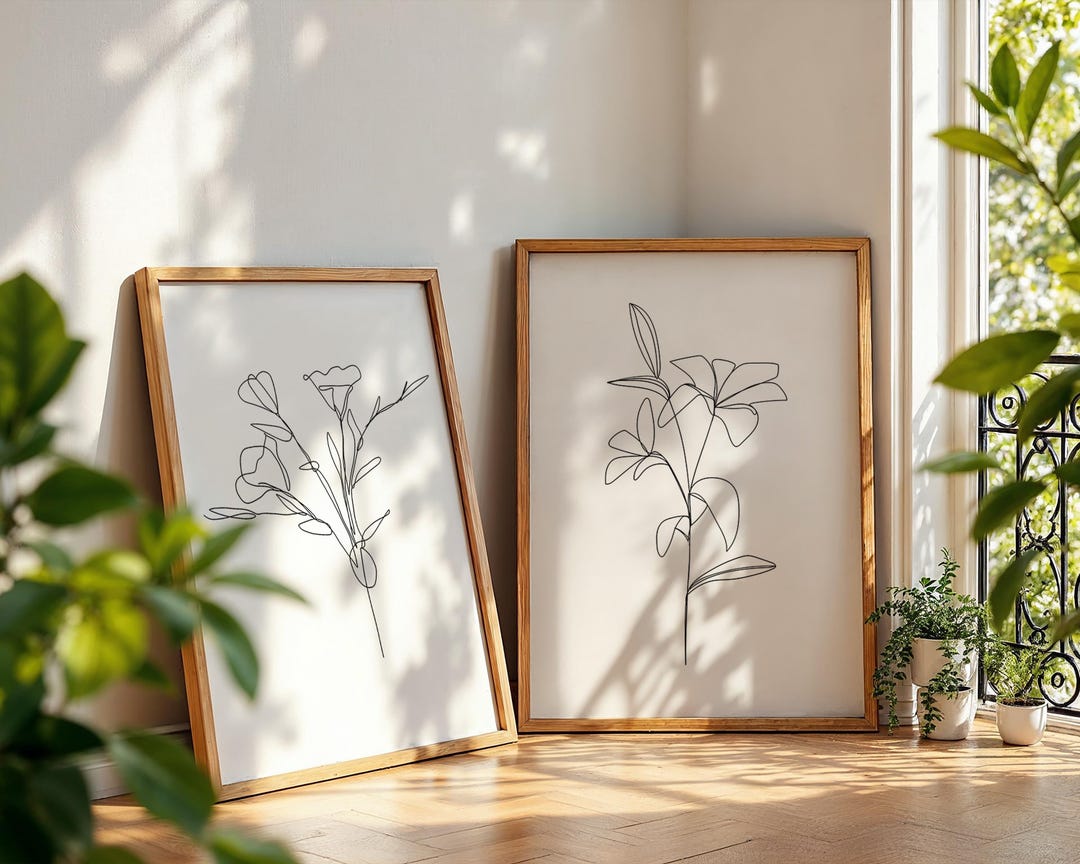 Botanical Line Art Print Set, Minimalist Floral Wall Decor (digital Art ...