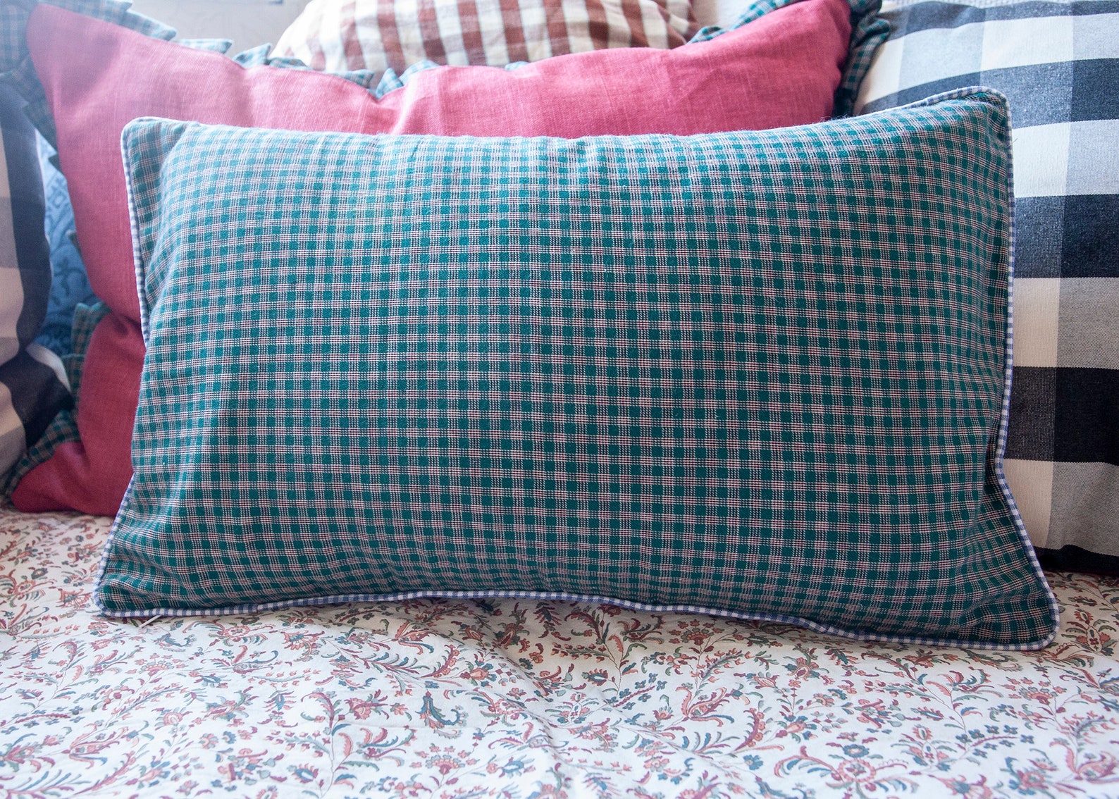 Green Check Cushion Cover with Contrast Blue Gingham Piping Etsy