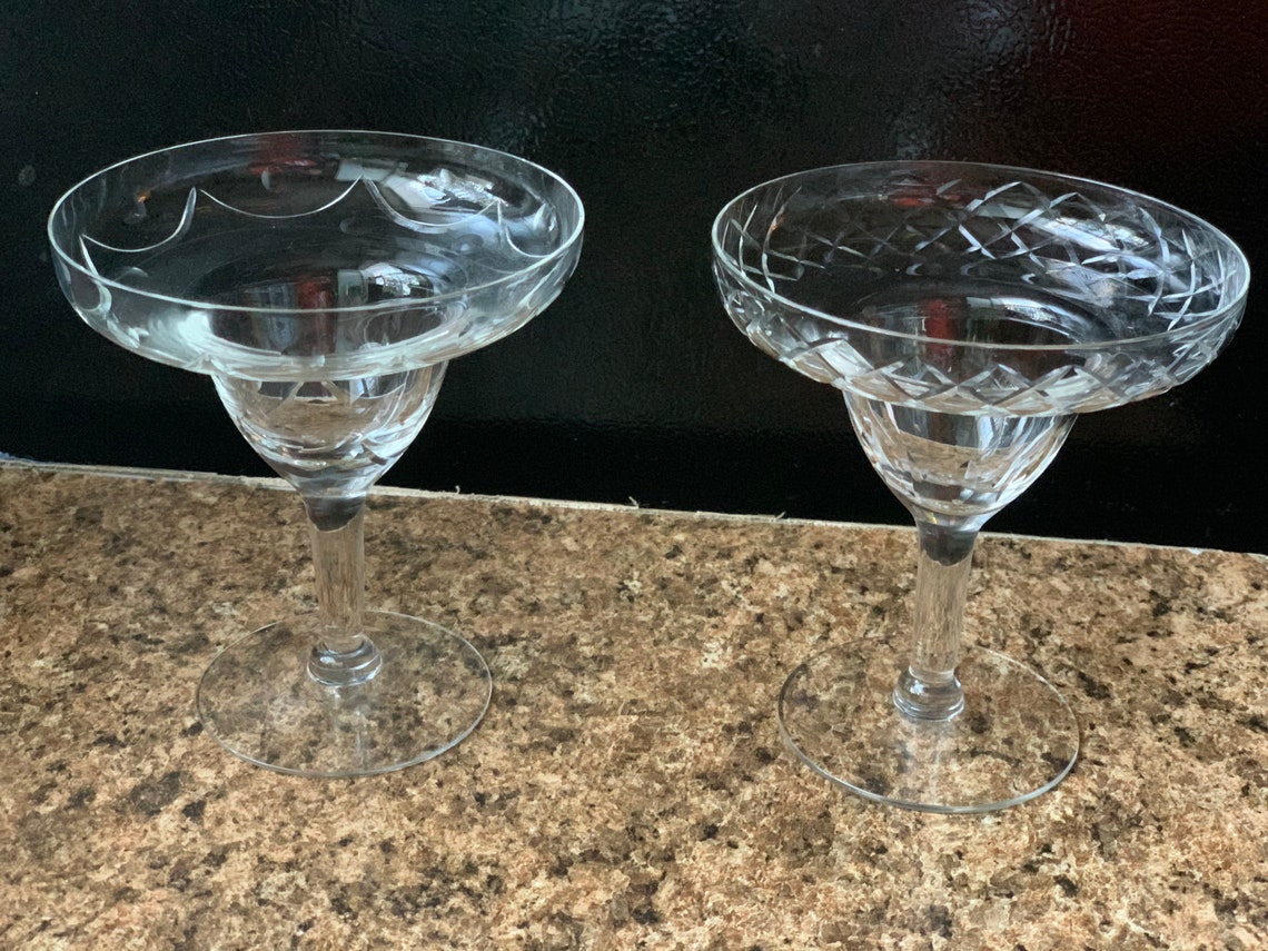 Vintage Margarita Glasses Set of 2 Crystal Etched Martini Etsy
