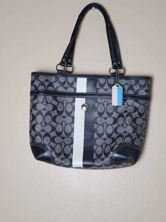 Vintage Coach Black with Beige & Blue Heritage Str