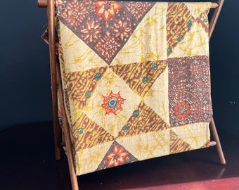 1960s Folding Wood & Floral Fabric Knitting Basket