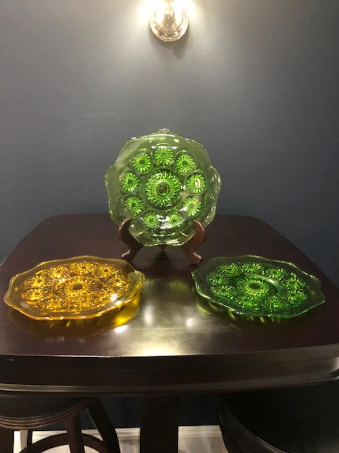 Vintage Green Etched Glass 10 Flower Plates 3 Etsy