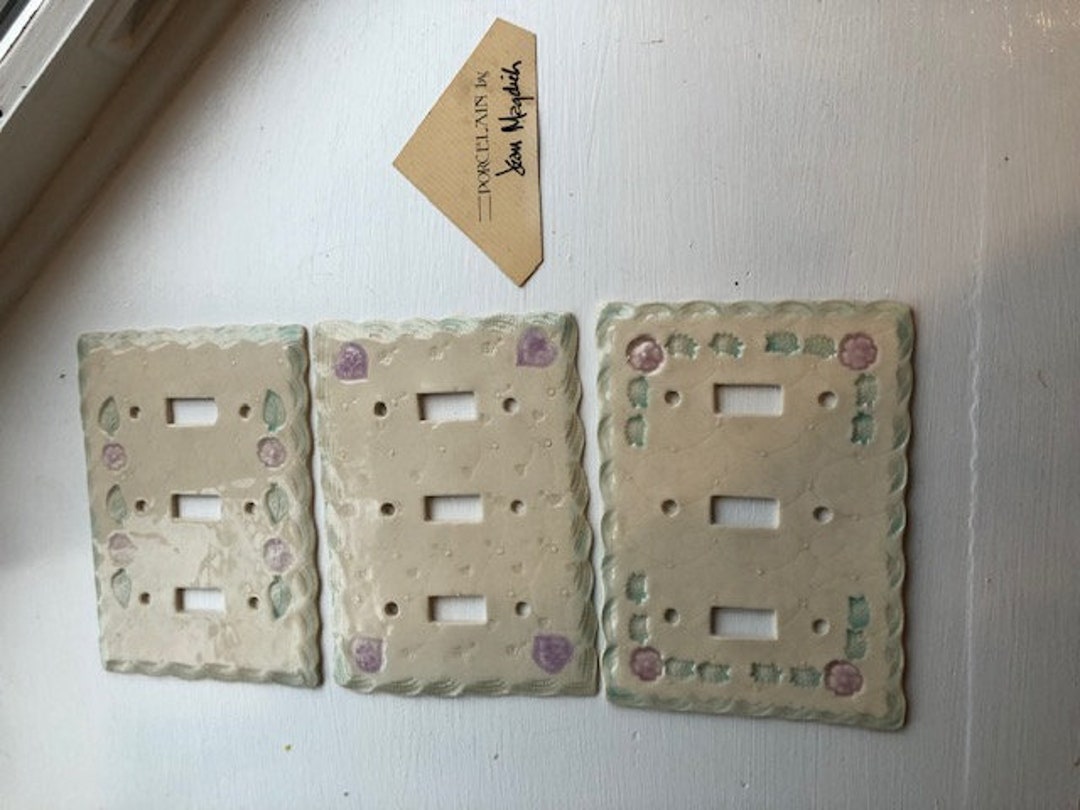 3, Vintage Porcelain Switch Plates by Ohio Artist Jean Magdich. Flowers