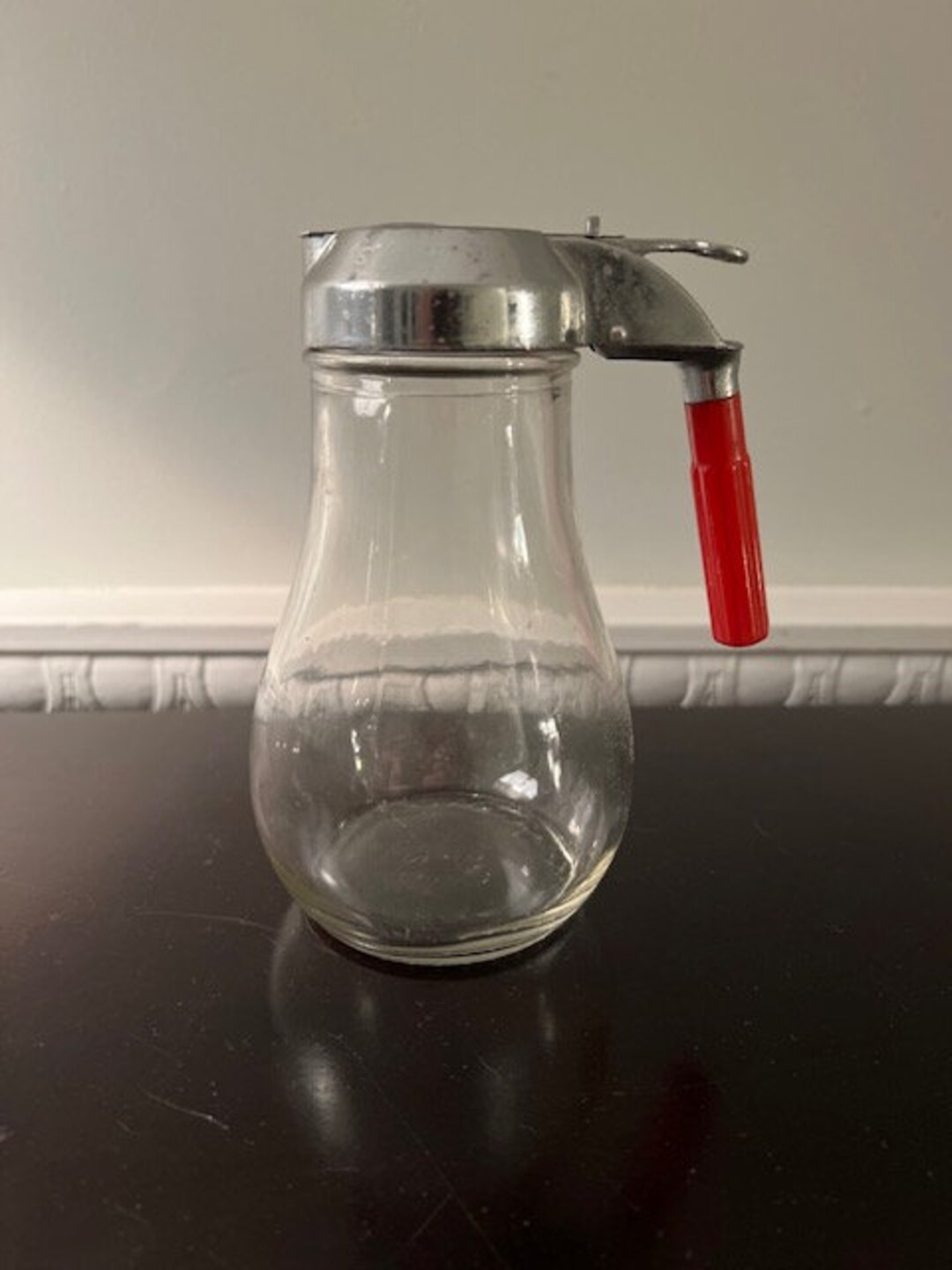 Vintage Glass Syrup Dispenser Pitcher With Chrome Top and Red Handle