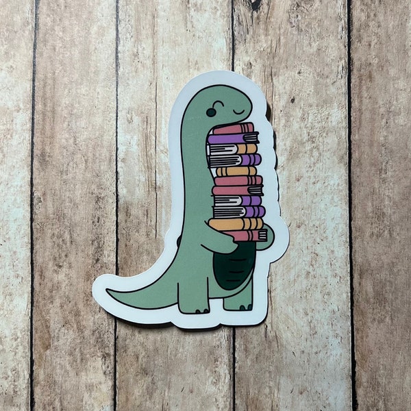 Reading Dino Sticker, Water Bottle Sticker, Kindle Sticker, LaptopSticker, Booklover Gift, Booktok Sticker, Holographic Colorful Sticker