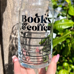 Books and Coffee Glass ,16oz/20oz Glass Cup, Libbey Cup, Book Lover Cup, Clear Glass Cup with Straw and Lid, Iced Coffee Glass