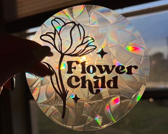 Flower Child Suncatcher, Rainbow Window Cling, Window Cling Sticker, Gift, Floral Sunshine Catcher, Hippie Suncatcher Cling