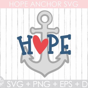 Puede incluir: Un ancla gris con un corazón rojo y la palabra "HOPE" en letras azules. El ancla está sobre un fondo de madera blanca.
