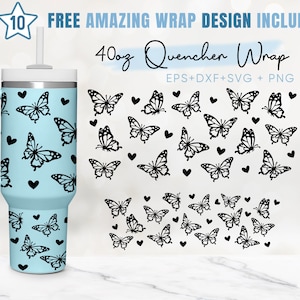Puede incluir: Un vaso de 40 onzas con un exterior azul claro y un patrón de mariposa negra. El vaso tiene un asa y una pajita. La imagen también incluye una hoja de diseño con múltiples diseños de mariposas.