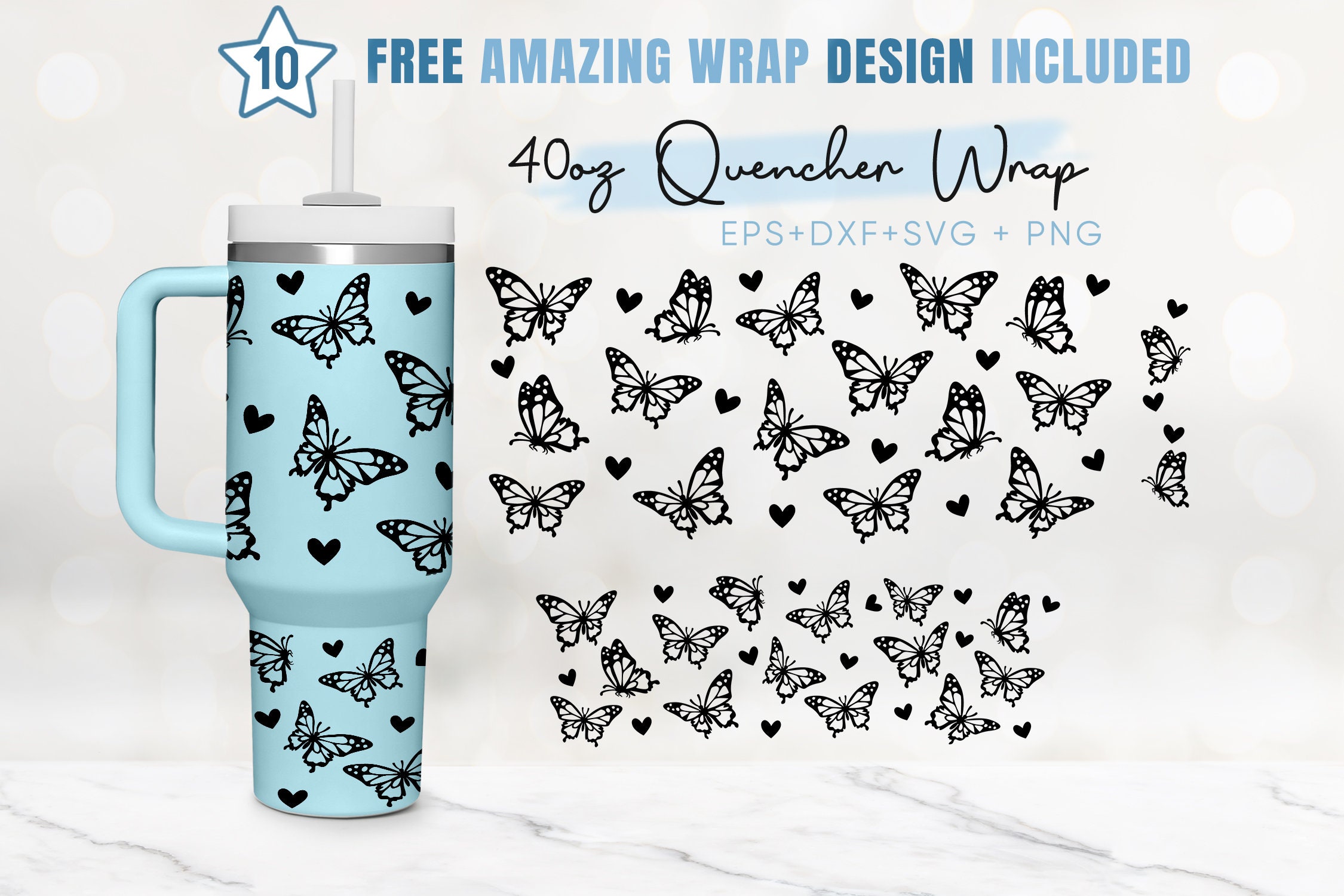 40oz Butterfly Quencher Tumbler, Butterflies Svg, Heart Svg