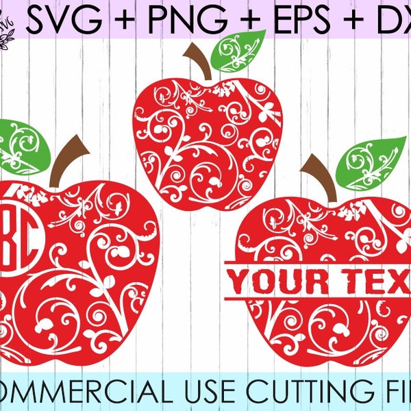 Teacher Apple Svg / Apple flourish bundle / File types .SVG, Dxf PNG Eps / INSTANT Download / Silhouette Cut Files / Cricut Cut Files