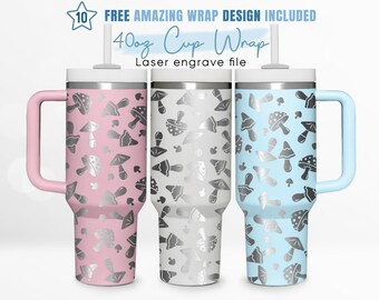 Envoltura para vaso de 40 oz grabada con diseño de hongo, mágico, psicodélico, nocturno. Envoltura para vaso de 40 oz, grabado láser. Envoltura para vaso Stanley. Diseño láser.