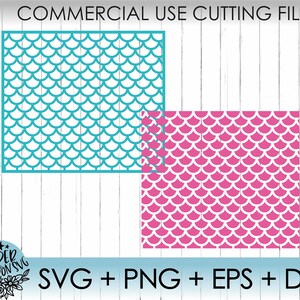 May include: Two digital cutting files featuring a mermaid scale pattern. The first file is a turquoise blue scale pattern, and the second file is a pink scale pattern.