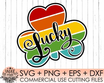 May include: A rainbow-colored shamrock with the word "Lucky" in a black cursive font. The shamrock is a popular symbol of good luck and is often used in St. Patrick's Day decorations.