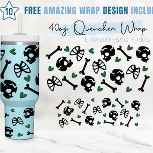 May include: A 40 ounce tumbler with a blue background and a pattern of black skulls, bones, and green hearts. The text "40oz Quencher Wrap" is written in black above the tumbler. The text "EPS+DXF+SVG+PNG" is written in black below the tumbler.