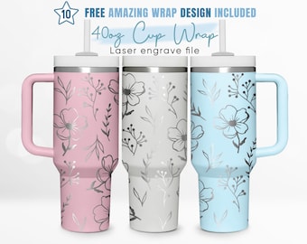 40oz Engraved Tumbler Wrap Floral, Line Flower, Wildflower, Spring, 40oz Quencher Wrap, Laser Engraving, Stanley Tumbler Wrap, Laser Design