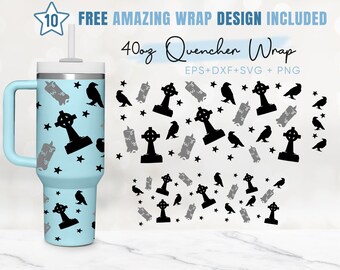 40oz Halloween Quencher Tumbler, Candle, Raven, Grave, Ghost, 2 Designs Stanley Tumbler Wrap, Eps Svg Dxf Png Files, Cricut Silhouette