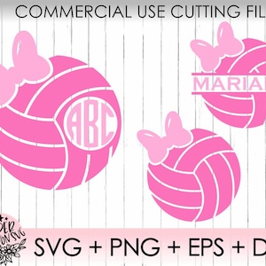May include: Pink volleyball with a white bow and the letters ABC in a circle. The volleyball is on a white wood background. The text "COMMERCIAL USE CUTTING FILES" is at the top of the image. The text "SVG + PNG + EPS + DXF" is at the bottom of the image.