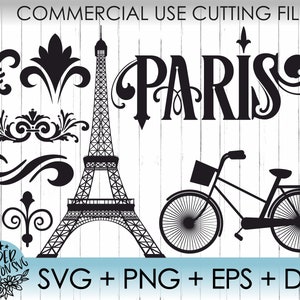 Puede incluir: Diseño digital en blanco y negro con la Torre Eiffel, una bicicleta y la palabra "PARÍS" en una fuente decorativa. El diseño incluye varios adornos decorativos.
