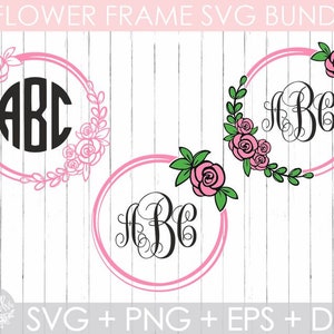 May include: Three pink floral frames with a black monogram in the center of each. The frames are perfect for adding a personal touch to your crafts.