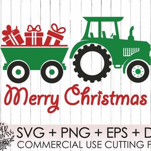 May include: A green tractor pulling a red wagon with three red and white wrapped presents. The tractor has black wheels and a black steering wheel. The text "Merry Christmas" is written in red letters below the tractor and wagon.