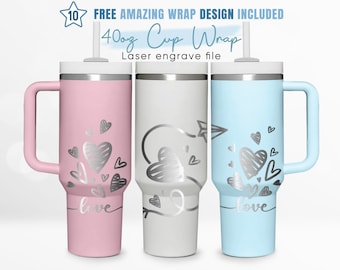 40oz Engraved Tumbler Wrap Heart, Happy Valentines Svg, Love, 40oz Quencher Wrap, Laser Engraving, Stanley Tumbler Wrap, Laser Design