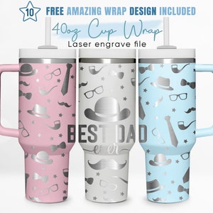 May include: Three 40 ounce stainless steel tumblers with lids and handles. The tumblers are pink, gray, and blue with a silver design of mustaches, hats, glasses, pipes, and bowties. The gray tumbler has the text "BEST DAD ever" on it.