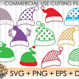 May include: A collection of colorful Christmas elf hats in various designs, including polka dots, antlers, and geometric patterns. The hats are in shades of red, green, purple, and blue, with white trim and pom-poms. Text on the image reads "COMMERCIAL USE CUTTING FILES" and "SVG + PNG + EPS + DXF".