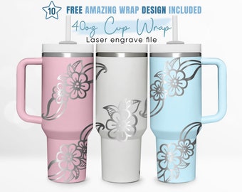 Envoltura para vaso de 40 oz grabada con diseño floral, flores, flores silvestres, primavera, envoltura para vaso de 40 oz, grabado láser, envoltura para vaso Stanley, diseño láser