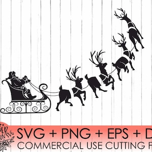 May include: Black silhouette of Santa Claus in a sleigh pulled by four reindeer. The reindeer are in a line, with the sleigh at the bottom of the image. The image is on a white woodgrain background.  SVG + PNG + EPS + DXF COMMERCIAL USE CUTTING FILES