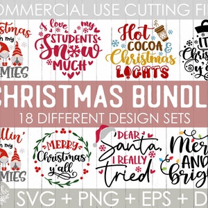 May include: A digital download bundle of 18 Christmas-themed SVG, PNG, EPS, and DXF design sets. The designs feature gnomes, snowflakes, hot cocoa, Christmas lights, and other festive elements.