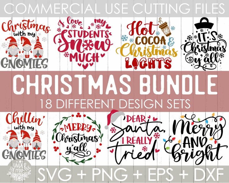 May include: A digital download bundle of 18 Christmas-themed SVG, PNG, EPS, and DXF design sets. The designs feature gnomes, snowflakes, hot cocoa, Christmas lights, and other festive elements.