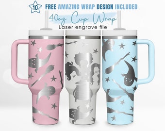 Envoltura para vaso de 40 oz grabada con "Brujas, malas vibras, terror", envoltura para vaso de 40 oz, grabado láser, envoltura para vaso Stanley, diseño láser