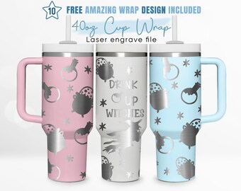 Envoltura para vaso de 40 oz grabada con "Brujas, malas vibras, terror", envoltura para vaso de 40 oz, grabado láser, envoltura para vaso Stanley, diseño láser