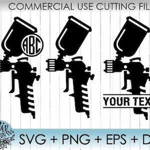 May include: Three black silhouette images of a spray paint gun. The first image has the letters "ABC" in a circle. The second image is blank. The third image has the text "YOUR TEXT" in a rectangle.