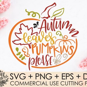 May include: Orange, red and yellow graphic design with the text "Autumn leaves & pumpkins please" in a pumpkin shape.