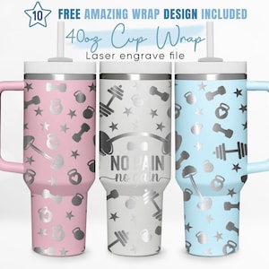 May include: Three 40 ounce stainless steel tumblers with lids and handles. The tumblers are pink, grey, and blue. Each tumbler has a silver design of dumbbells, kettlebells, and stars. The grey tumbler has the text "NO PAIN no gain" on it.