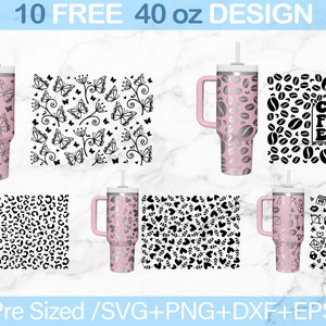 May include: Ten free 40 ounce tumbler designs. The designs include a coffee bean pattern, a leopard print, a butterfly pattern, a heart pattern, and a pattern with hearts, keys, and arrows. The designs are pre-sized for use with SVG, PNG, DXF, and EPS files.