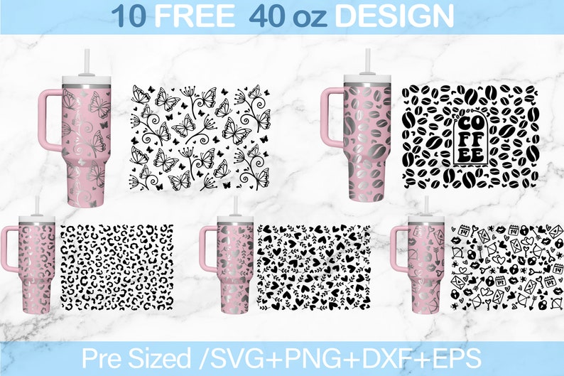 May include: Ten free 40 ounce tumbler designs. The designs include a coffee bean pattern, a leopard print, a butterfly pattern, a heart pattern, and a pattern with hearts, keys, and arrows. The designs are pre-sized for use with SVG, PNG, DXF, and EPS files.