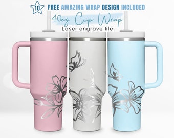 40oz Engraved Tumbler Wrap Floral, Line Flower, Wildflower, Spring, 40oz Quencher Wrap, Laser Engraving, Stanley Tumbler Wrap, Laser Design