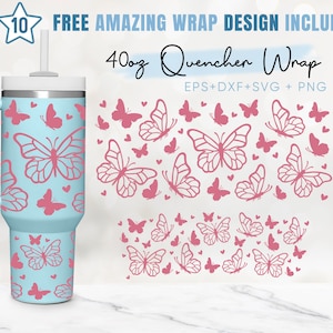 Copo Quencher de Borboleta de 40 onças, Borboletas, 40 onças Svg, 2 Designs Quencher Tumbler Wrap, Arquivos Eps Svg Dxf Png, Modelo de Silhueta Cricut