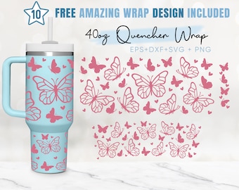 40oz Butterfly Quencher Tumbler, Butterflies, 40oz Svg, 2 Designs Quencher Tumbler Wrap, Eps Svg Dxf Png Files, Cricut Silhouette Template