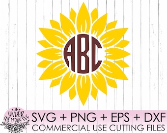 May include: A yellow sunflower with a brown circle in the center. The circle has the letters "ABC" inside. The image is a digital cut file for crafting.