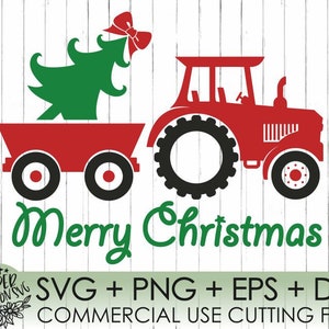 May include: Red tractor pulling a wagon with a green Christmas tree on top. The text "Merry Christmas" is written in green below the tractor and wagon. The text "SVG + PNG + EPS + DXF" is written in green below the text "Merry Christmas". The text "COMMERCIAL USE CUTTING FILES" is written in green below the text "SVG + PNG + EPS + DXF".