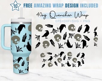 40oz Halloween Quencher Tumbler, Candle, Raven, Grave, Ghost, 2 Designs Stanley Tumbler Wrap, Eps Svg Dxf Png Files, Cricut Silhouette