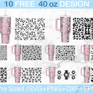 May include: Ten free 40 ounce tumbler designs featuring various patterns and graphics. The designs include butterflies, coffee beans, hearts, leopard print, and more. The designs are pre-sized for use with SVG, PNG, DXF, and EPS files.