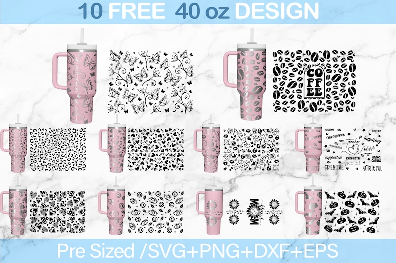 May include: Ten free 40 ounce tumbler designs featuring various patterns and graphics. The designs include butterflies, coffee beans, hearts, leopard print, and more. The designs are pre-sized for use with SVG, PNG, DXF, and EPS files.