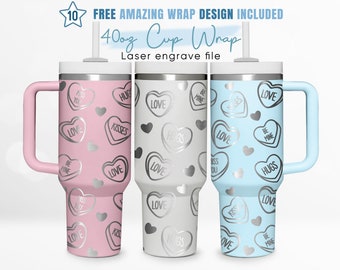 40oz Engraved Tumbler Wrap Heart, Happy Valentines Svg, Love, 40oz Quencher Wrap, Laser Engraving, Stanley Tumbler Wrap, Laser Design