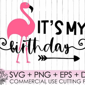 Puede incluir: Gráfico de "Es mi cumpleaños" con una ilustración de flamenco rosa. El gráfico incluye una flecha negra y un diseño de remolino decorativo. Archivos de corte SVG, PNG, EPS y DXF para uso comercial.